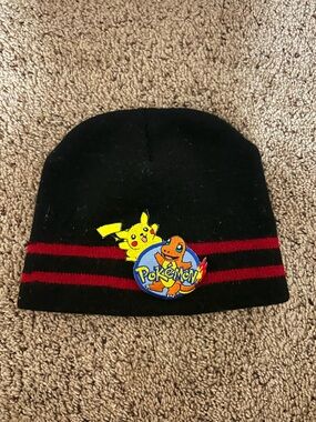 Vintage Black Beanie with Pikachu & Charmander Pokemon Patch